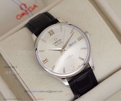 Perfect Replica Omega De Ville White Face Black Leather 40mm Watch